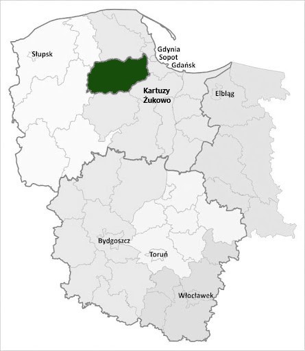 mapa przedstawiająca rejon działania komotnika: Kartuzy oraz Żukowo